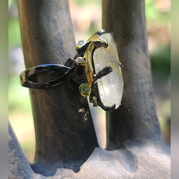 11k Gold rutilated quartz Amethyst & Aquamarine Sterling ring sz8 - Picture 4 of 6